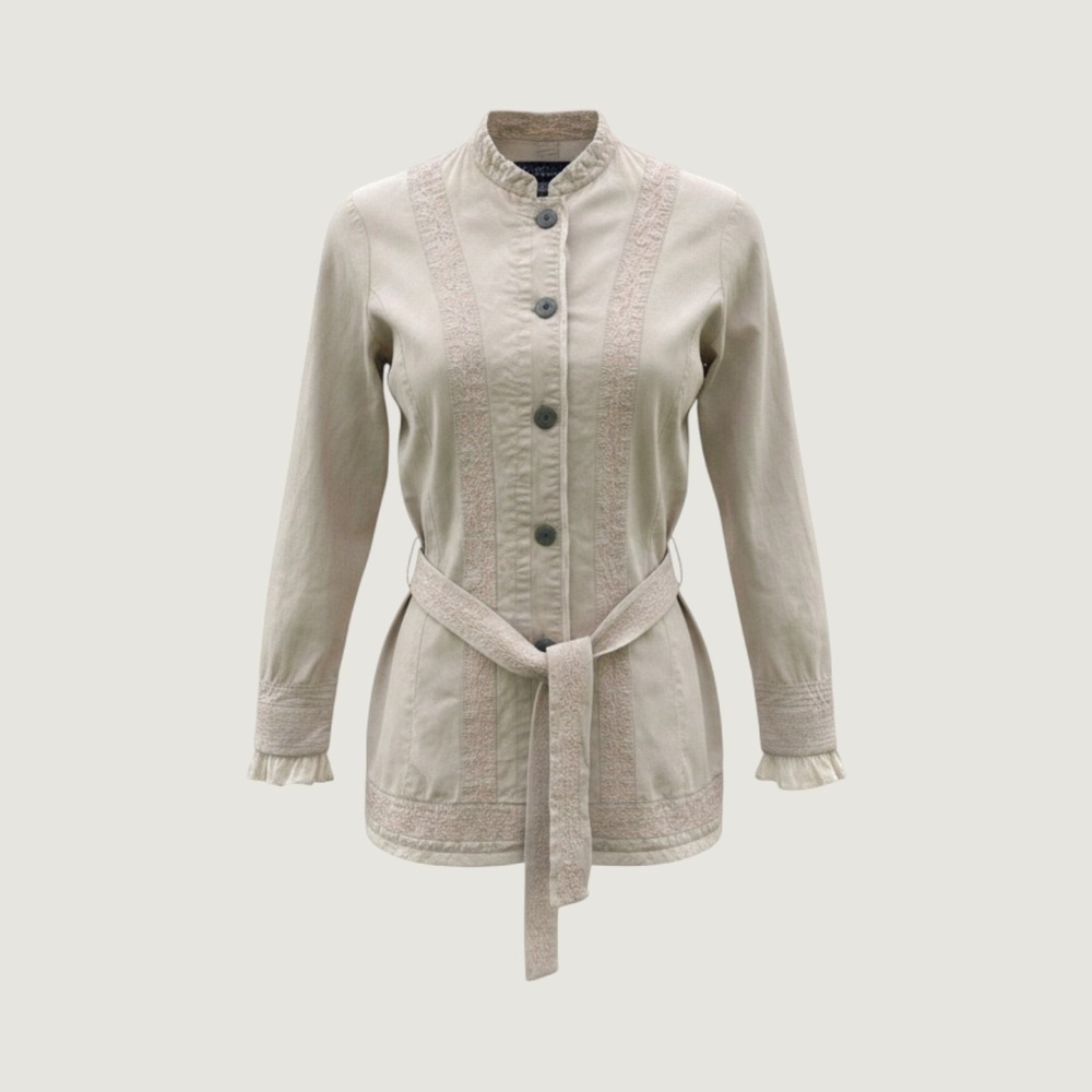 Whitewash Beige 100% Cotton Embroidered Jacket Boho Ruffle Cuff Belted in Small